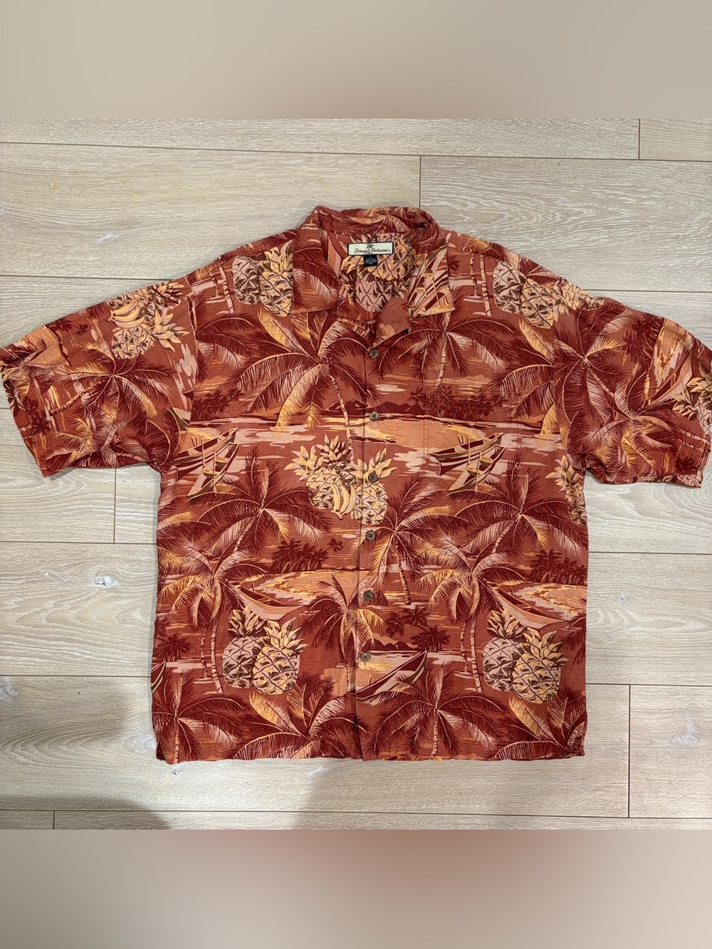 Vintage Tommy Bahama Silk Hawaiian Pineapple Camp Shirt XL Rust Terracotta Relax